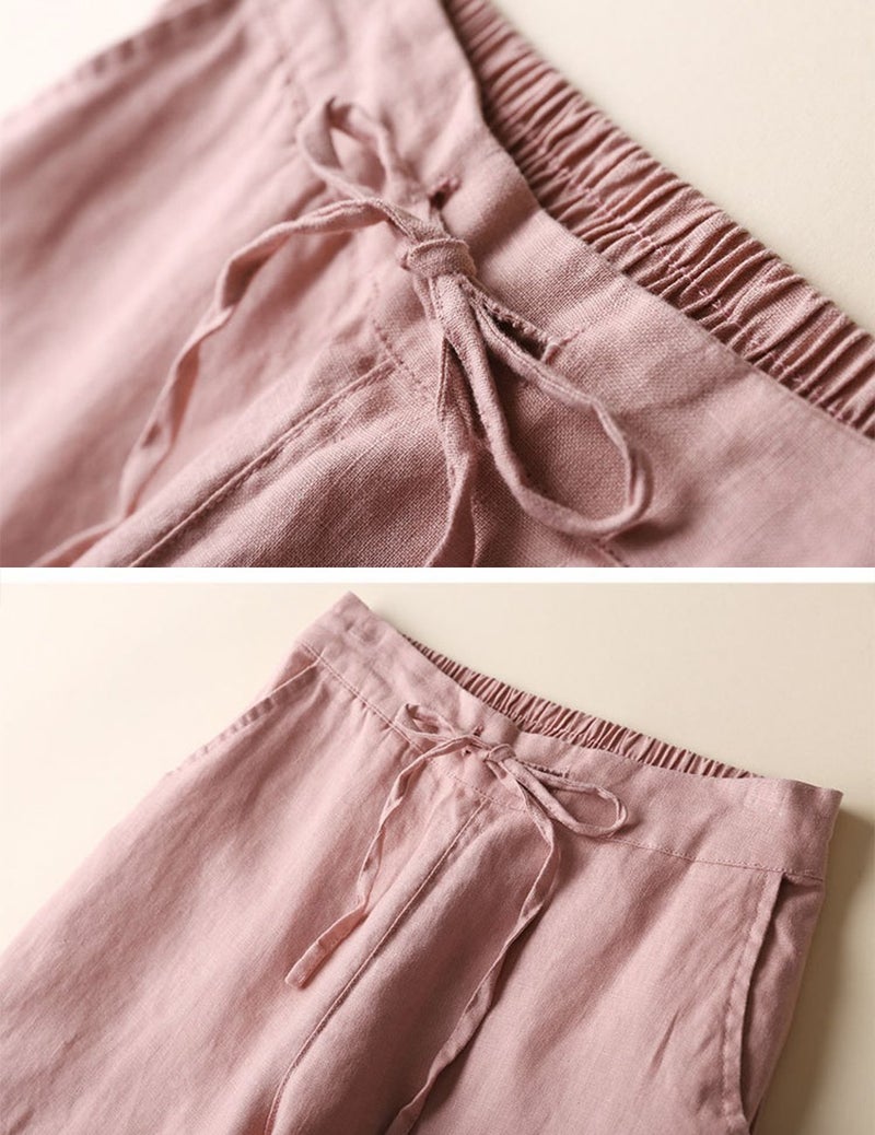 IXIMO Women's Tapered Pants 100% Linen Drawstring Back Elastic Waist Pants Trousers with Pockets Pink M - Image 3